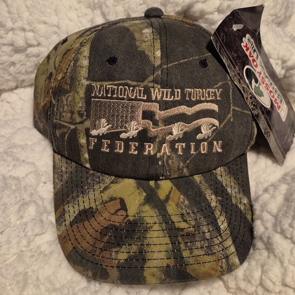 NWTF Turkey USA Flag Mossy Oak Camo Velcroback Hat - New